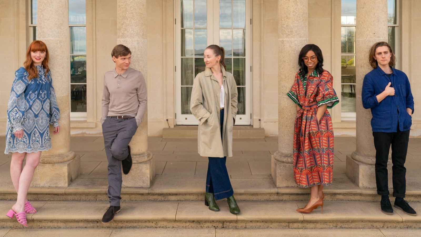 First look: (L-R) Poppy Gilbert as Chloe, Billy Howle as Elliot, Erin Doherty as Becky, Pippa Bennett-Warner as Livia, and Jack Farthing as Richard (image courtesy BBC / York Tillyer)